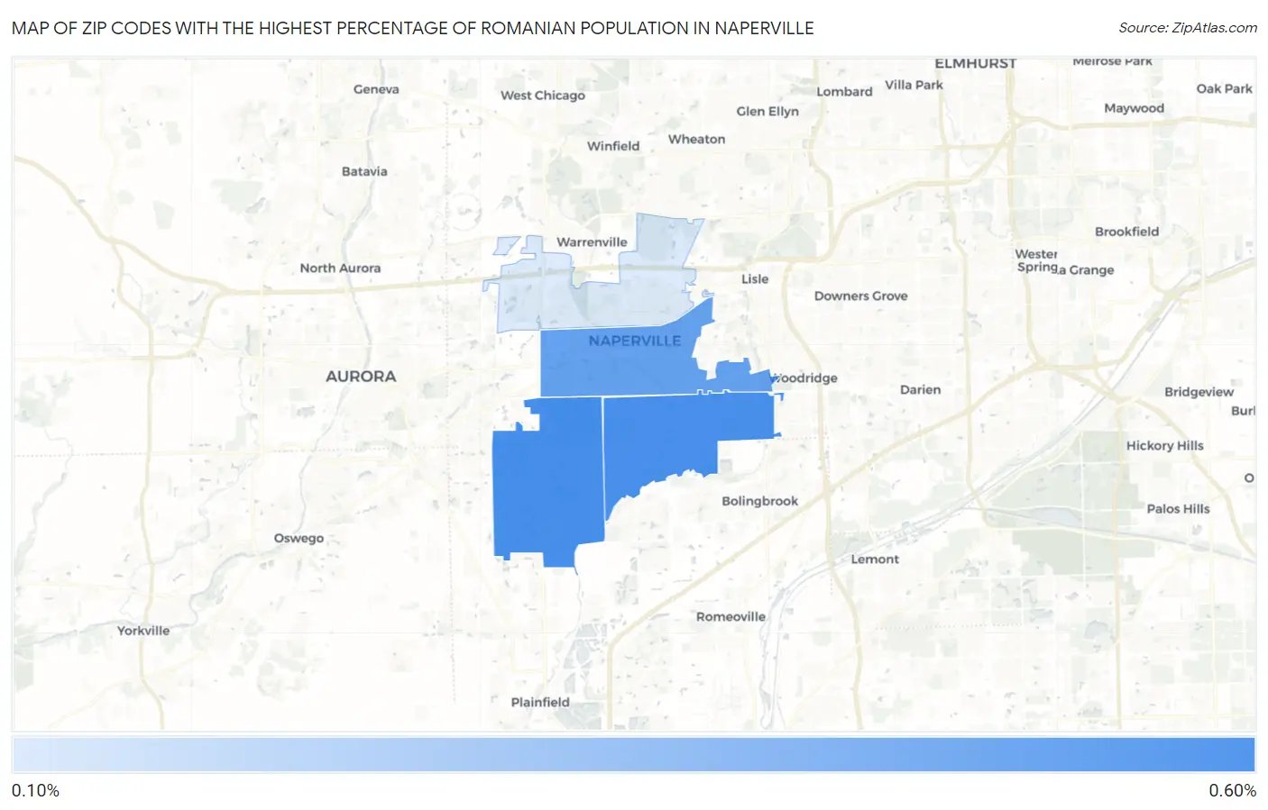 Zip Codes with the Highest Percentage of Romanian Population in Naperville Map