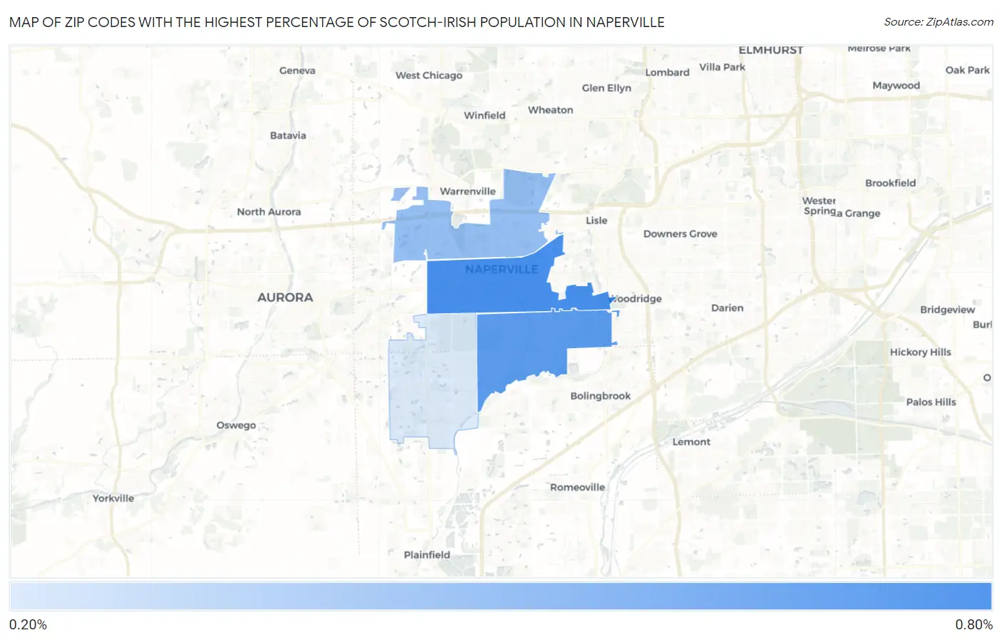 Zip Codes with the Highest Percentage of Scotch-Irish Population in Naperville Map