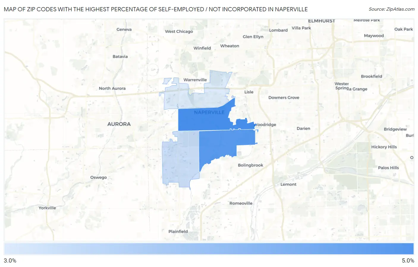 Zip Codes with the Highest Percentage of Self-Employed / Not Incorporated in Naperville Map
