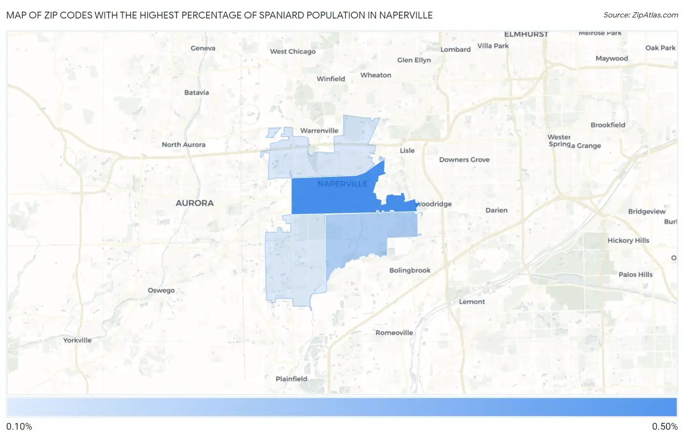 Zip Codes with the Highest Percentage of Spaniard Population in Naperville Map