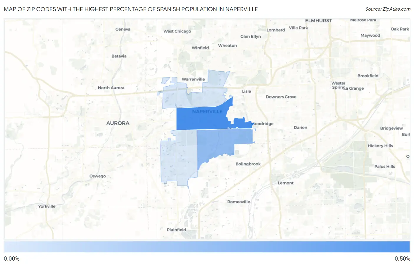 Zip Codes with the Highest Percentage of Spanish Population in Naperville Map