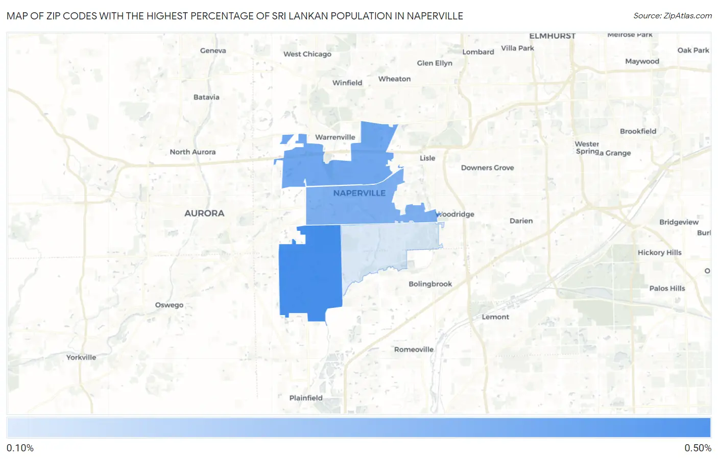 Zip Codes with the Highest Percentage of Sri Lankan Population in Naperville Map