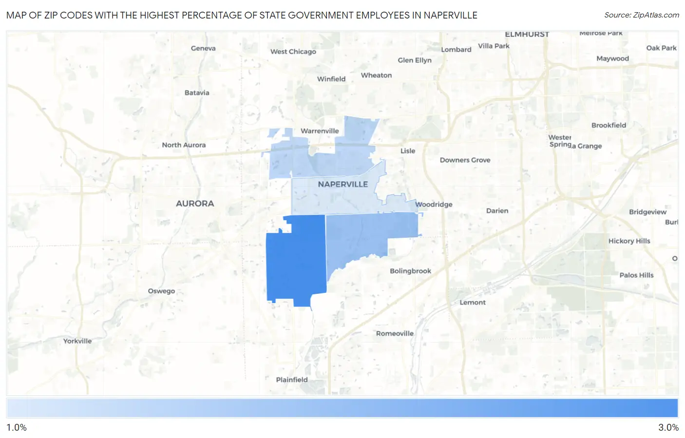 Zip Codes with the Highest Percentage of State Government Employees in Naperville Map