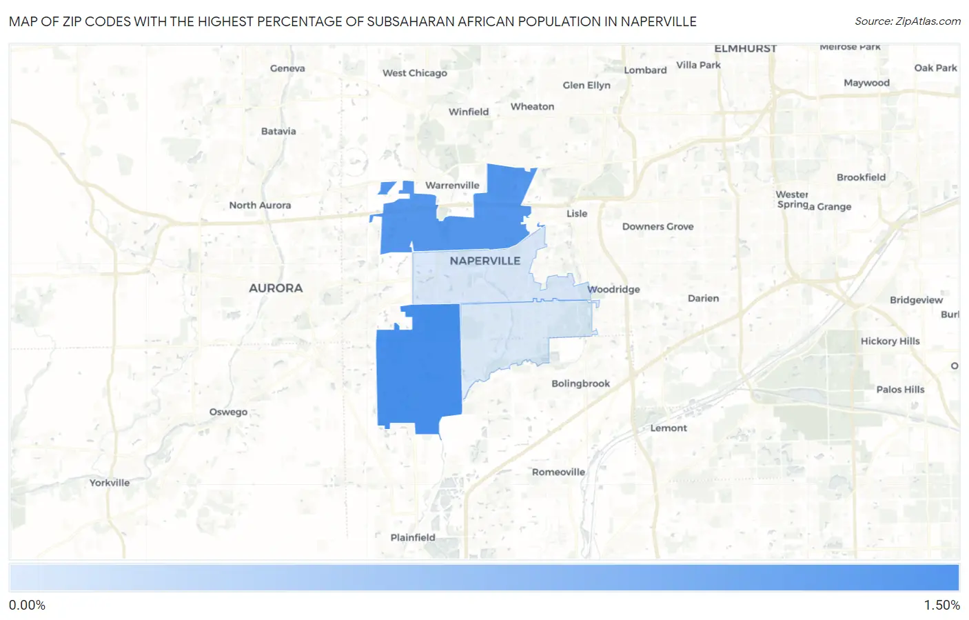 Zip Codes with the Highest Percentage of Subsaharan African Population in Naperville Map