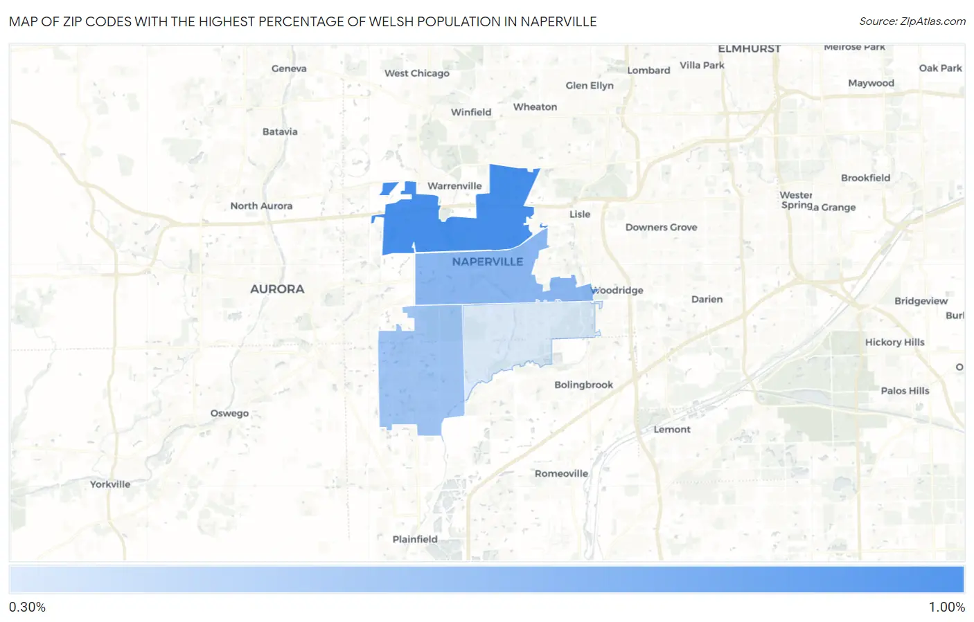 Zip Codes with the Highest Percentage of Welsh Population in Naperville Map