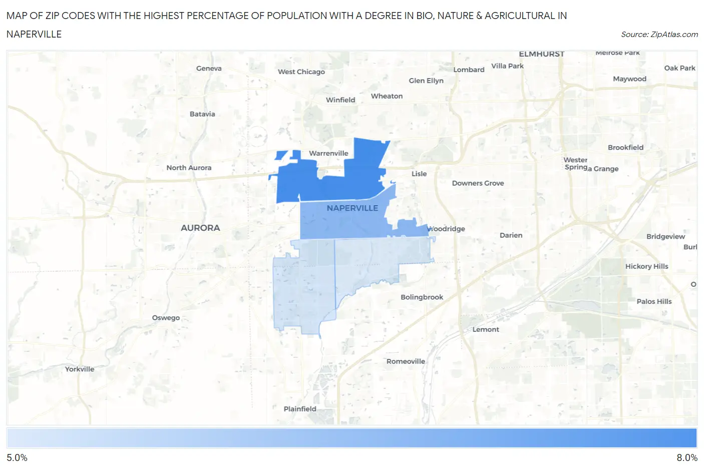 Zip Codes with the Highest Percentage of Population with a Degree in Bio, Nature & Agricultural in Naperville Map