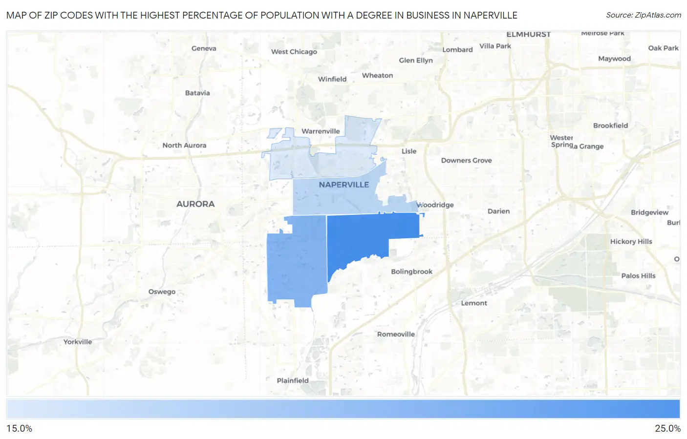Zip Codes with the Highest Percentage of Population with a Degree in Business in Naperville Map