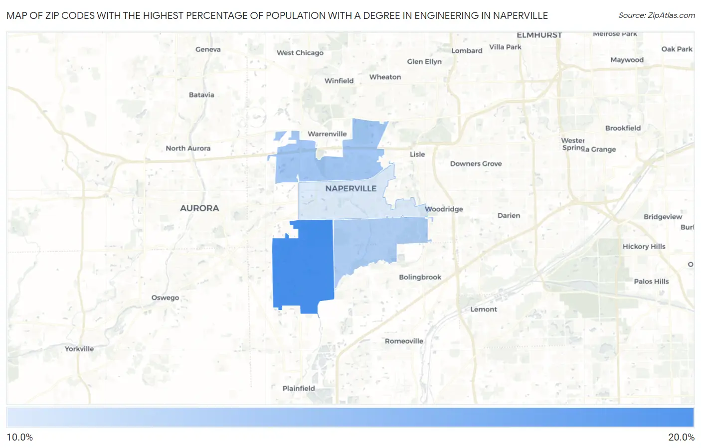 Zip Codes with the Highest Percentage of Population with a Degree in Engineering in Naperville Map