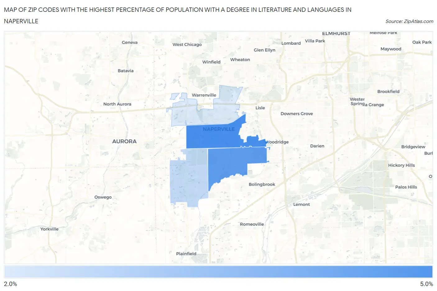 Zip Codes with the Highest Percentage of Population with a Degree in Literature and Languages in Naperville Map
