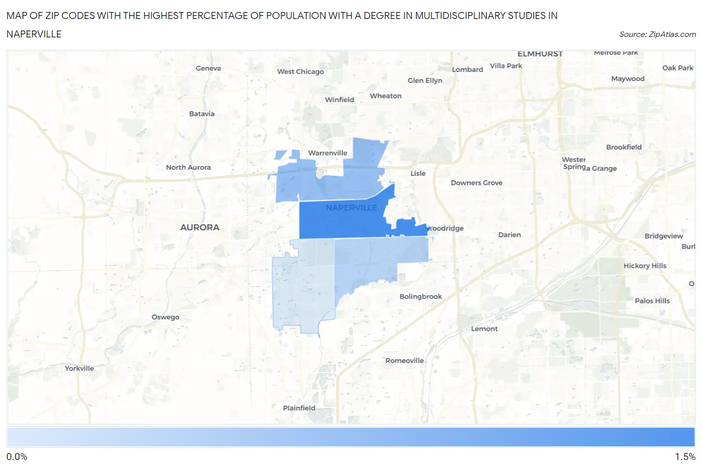 Zip Codes with the Highest Percentage of Population with a Degree in Multidisciplinary Studies in Naperville Map