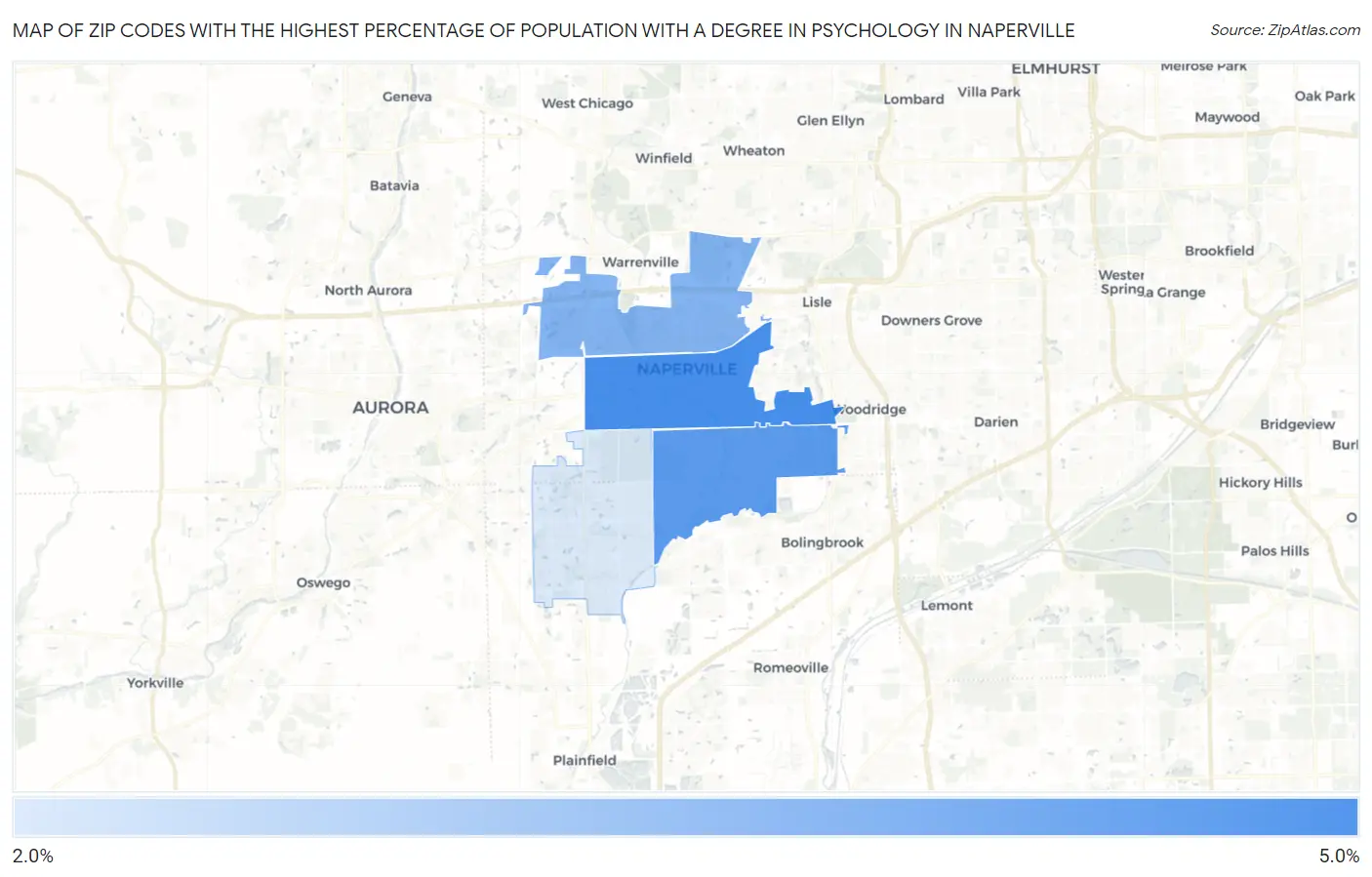 Zip Codes with the Highest Percentage of Population with a Degree in Psychology in Naperville Map