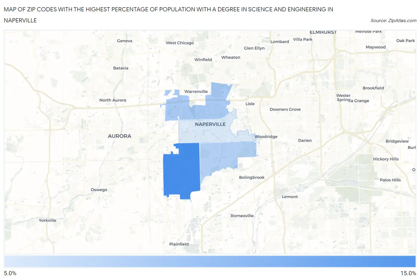 Zip Codes with the Highest Percentage of Population with a Degree in Science and Engineering in Naperville Map