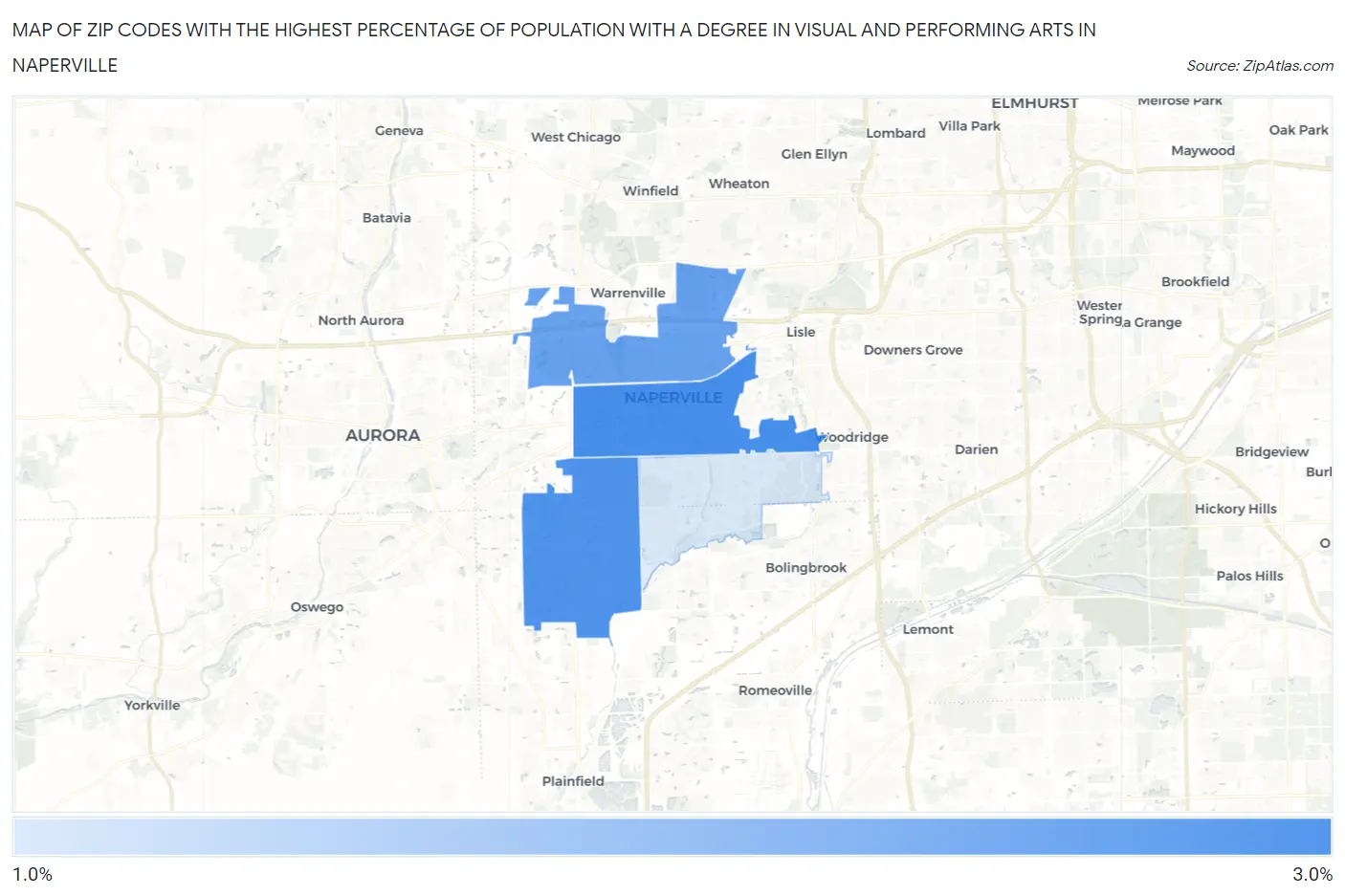 Zip Codes with the Highest Percentage of Population with a Degree in Visual and Performing Arts in Naperville Map