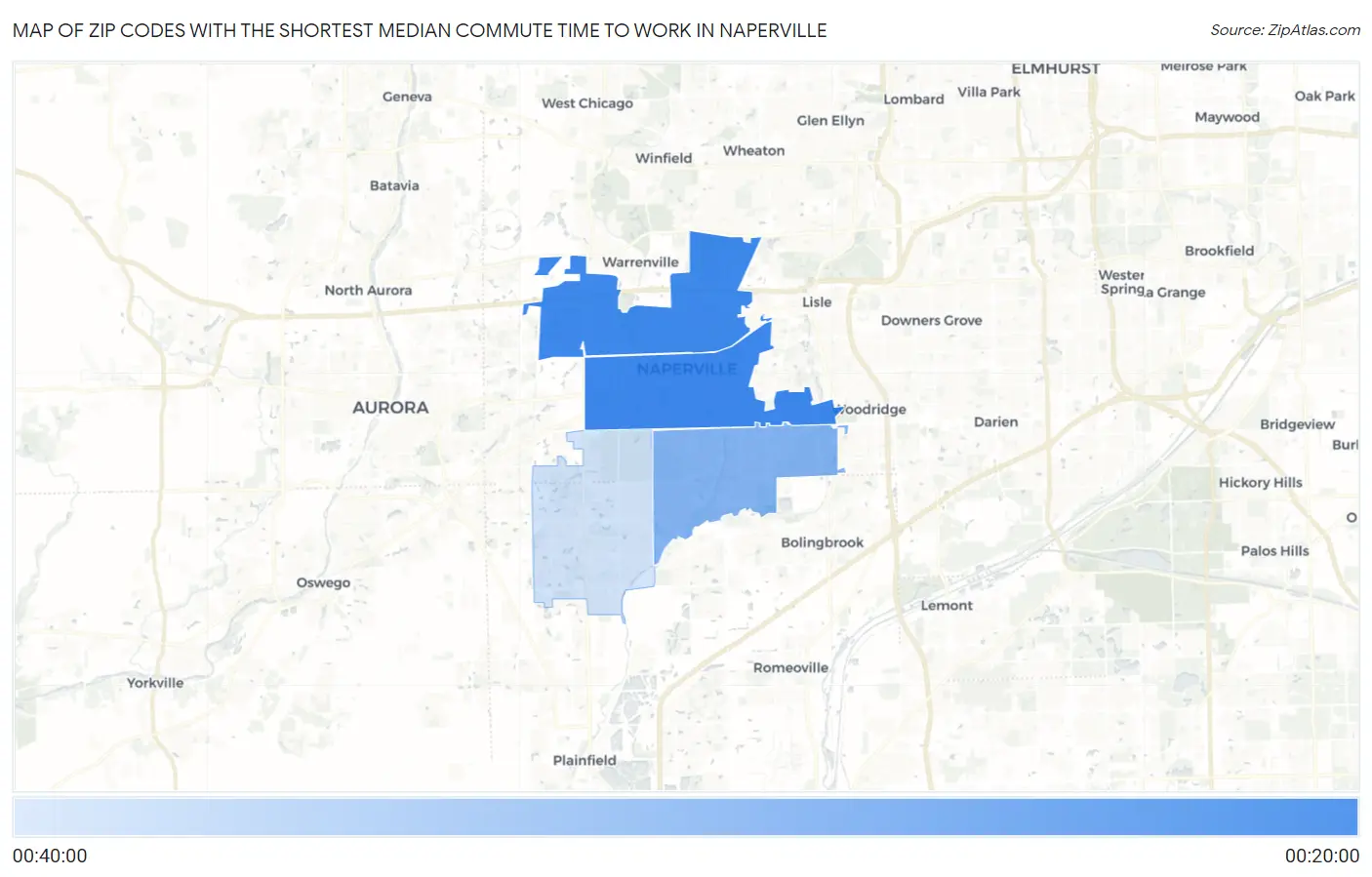 Zip Codes with the Shortest Median Commute Time to Work in Naperville Map