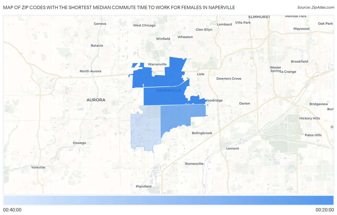 Zip Codes with the Shortest Median Commute Time to Work for Females in Naperville Map