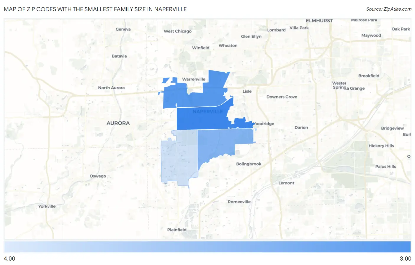 Zip Codes with the Smallest Family Size in Naperville Map