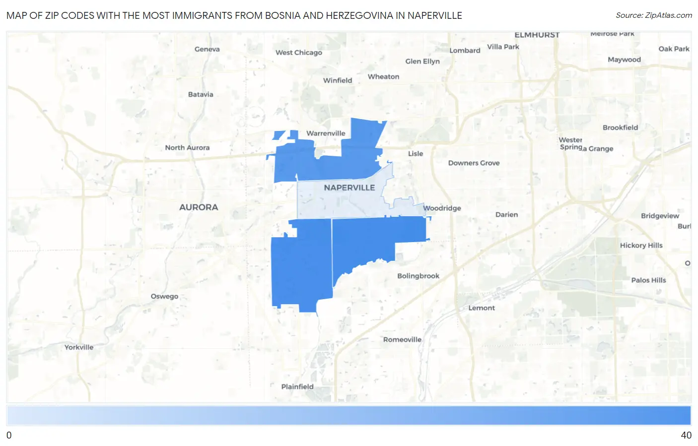 Zip Codes with the Most Immigrants from Bosnia and Herzegovina in Naperville Map