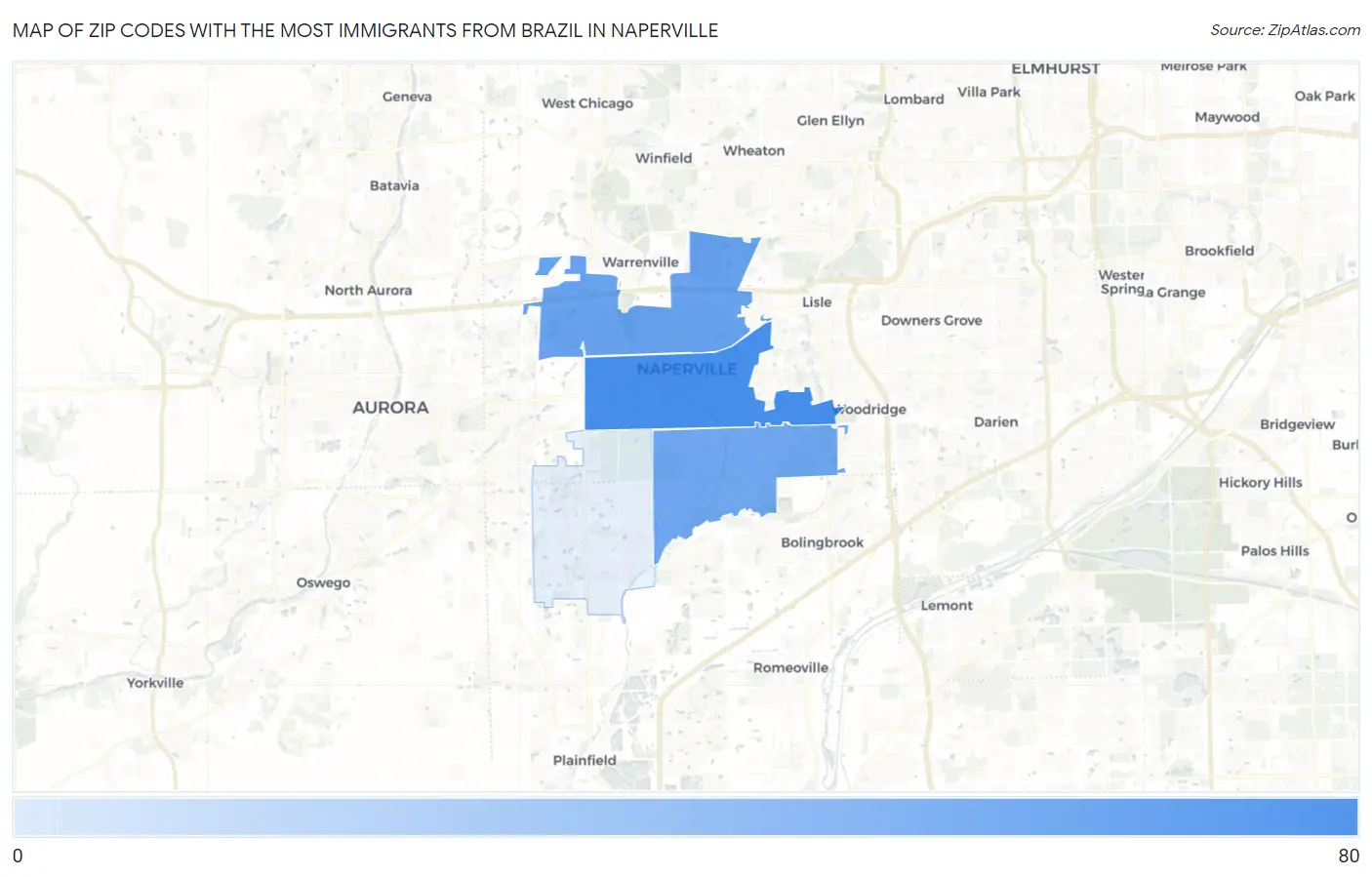 Zip Codes with the Most Immigrants from Brazil in Naperville Map