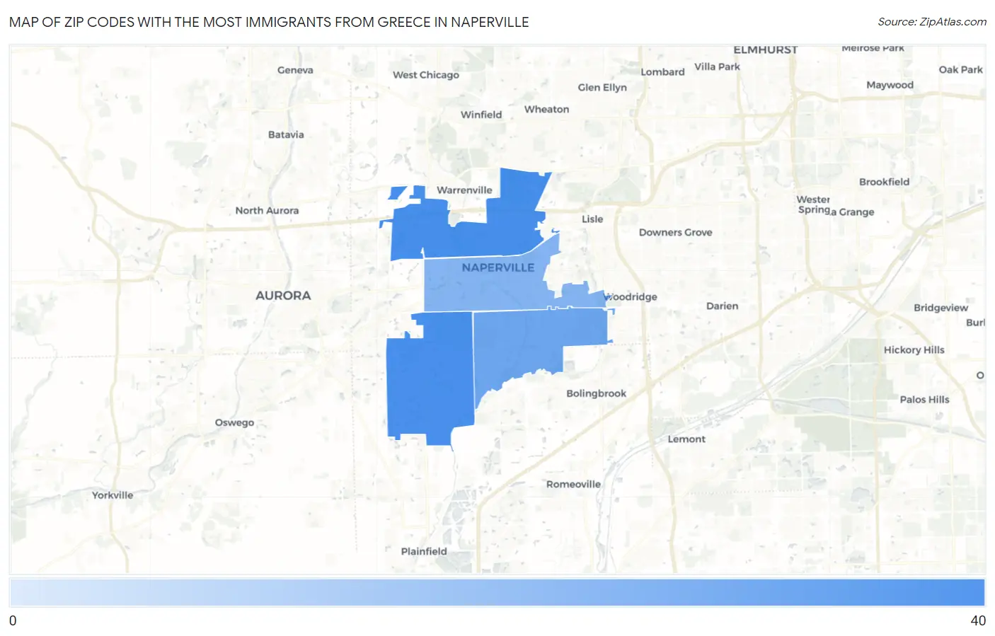 Zip Codes with the Most Immigrants from Greece in Naperville Map