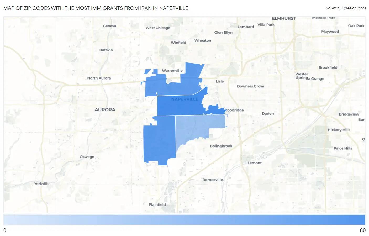 Zip Codes with the Most Immigrants from Iran in Naperville Map