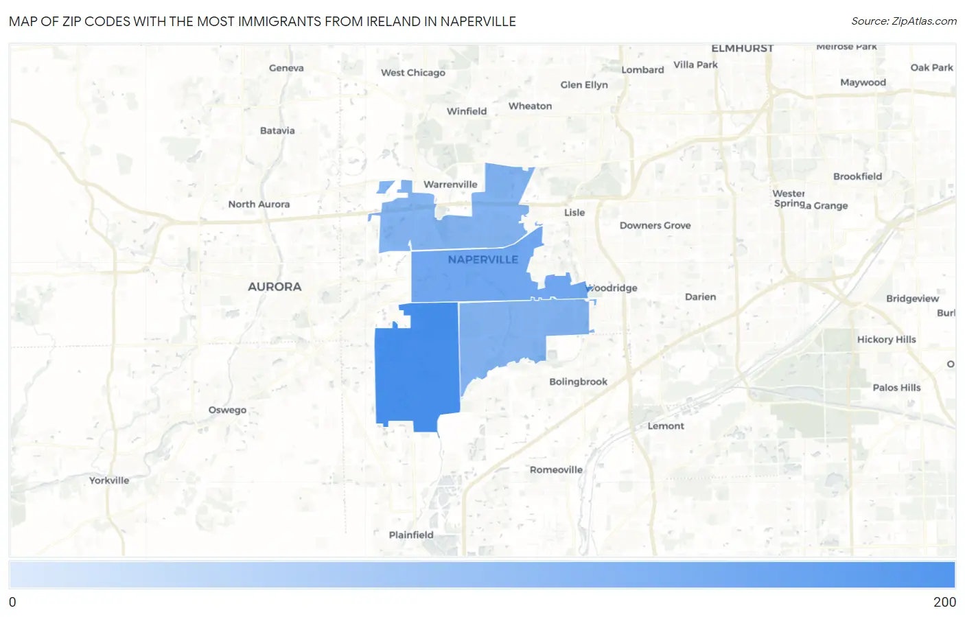 Zip Codes with the Most Immigrants from Ireland in Naperville Map