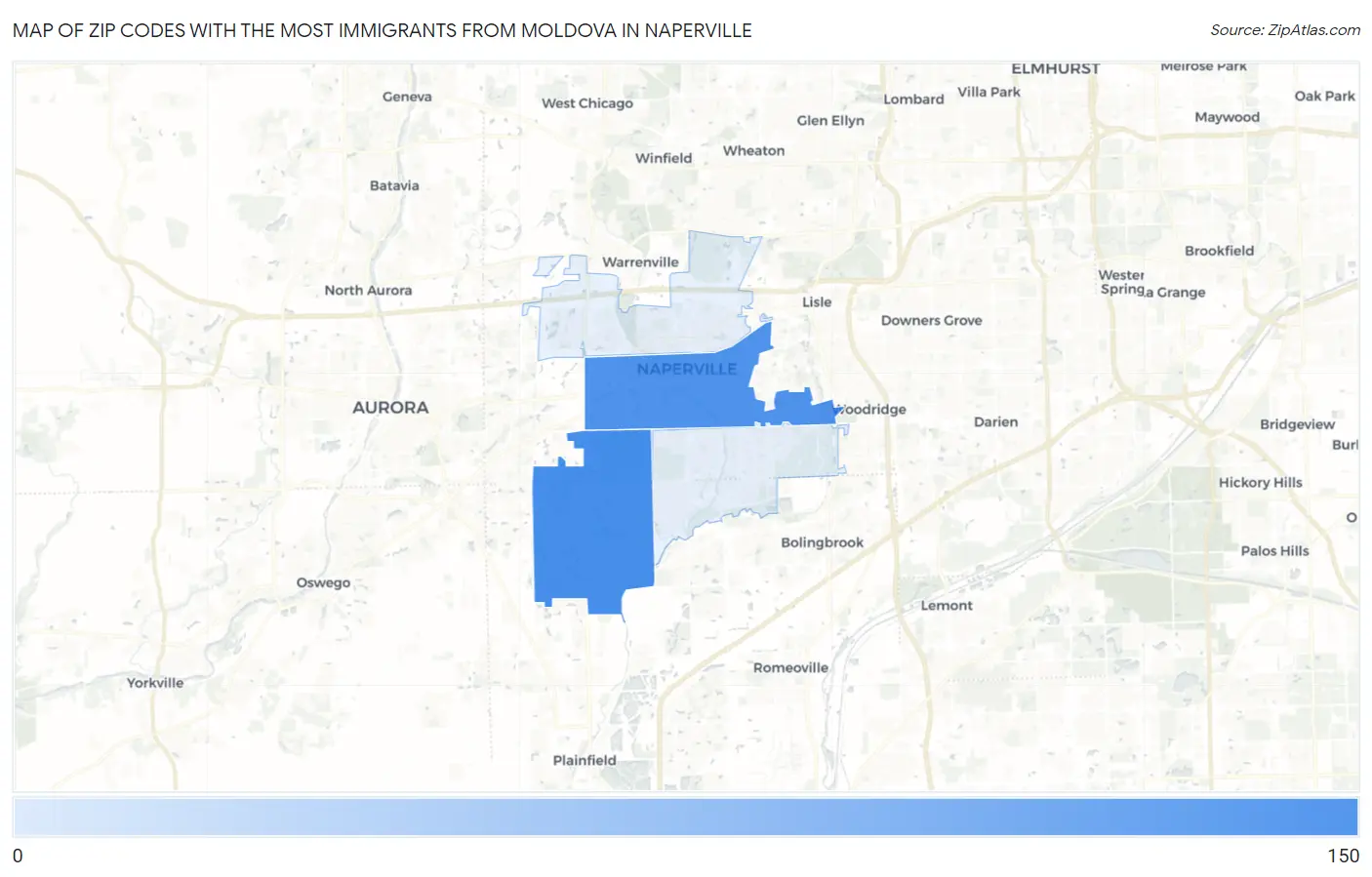 Zip Codes with the Most Immigrants from Moldova in Naperville Map