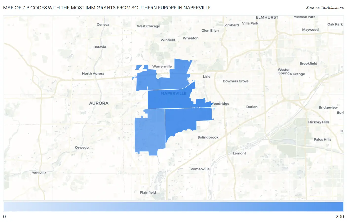 Zip Codes with the Most Immigrants from Southern Europe in Naperville Map