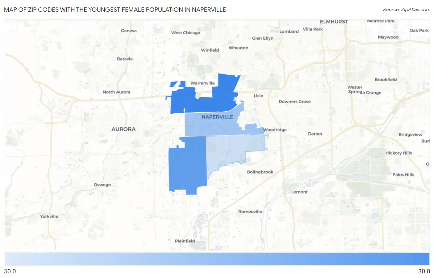 Zip Codes with the Youngest Female Population in Naperville Map