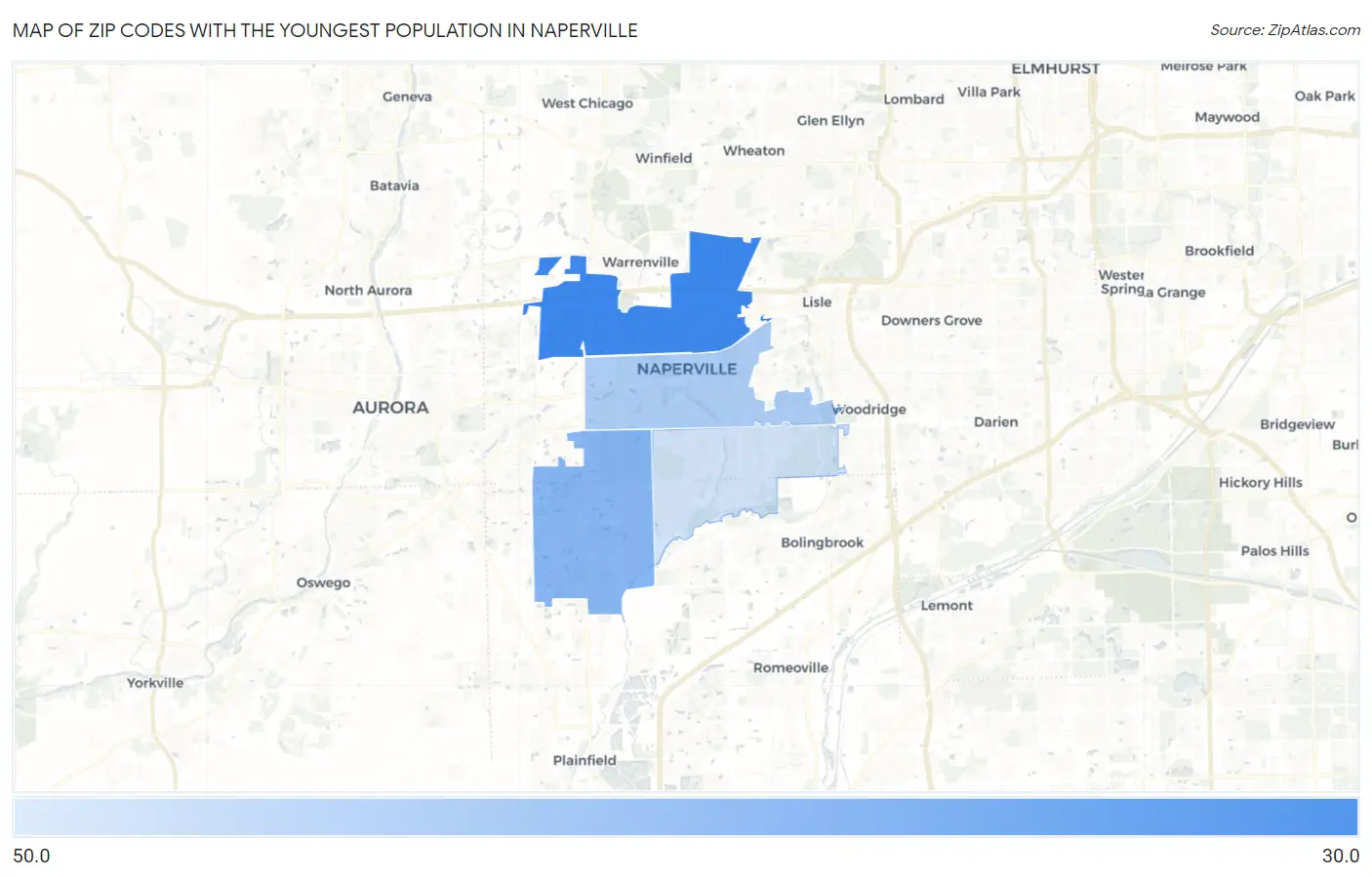 Zip Codes with the Youngest Population in Naperville Map