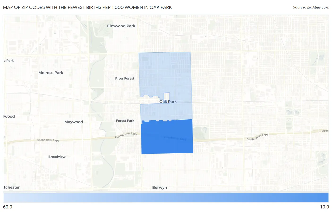 Zip Codes with the Fewest Births per 1,000 Women in Oak Park Map