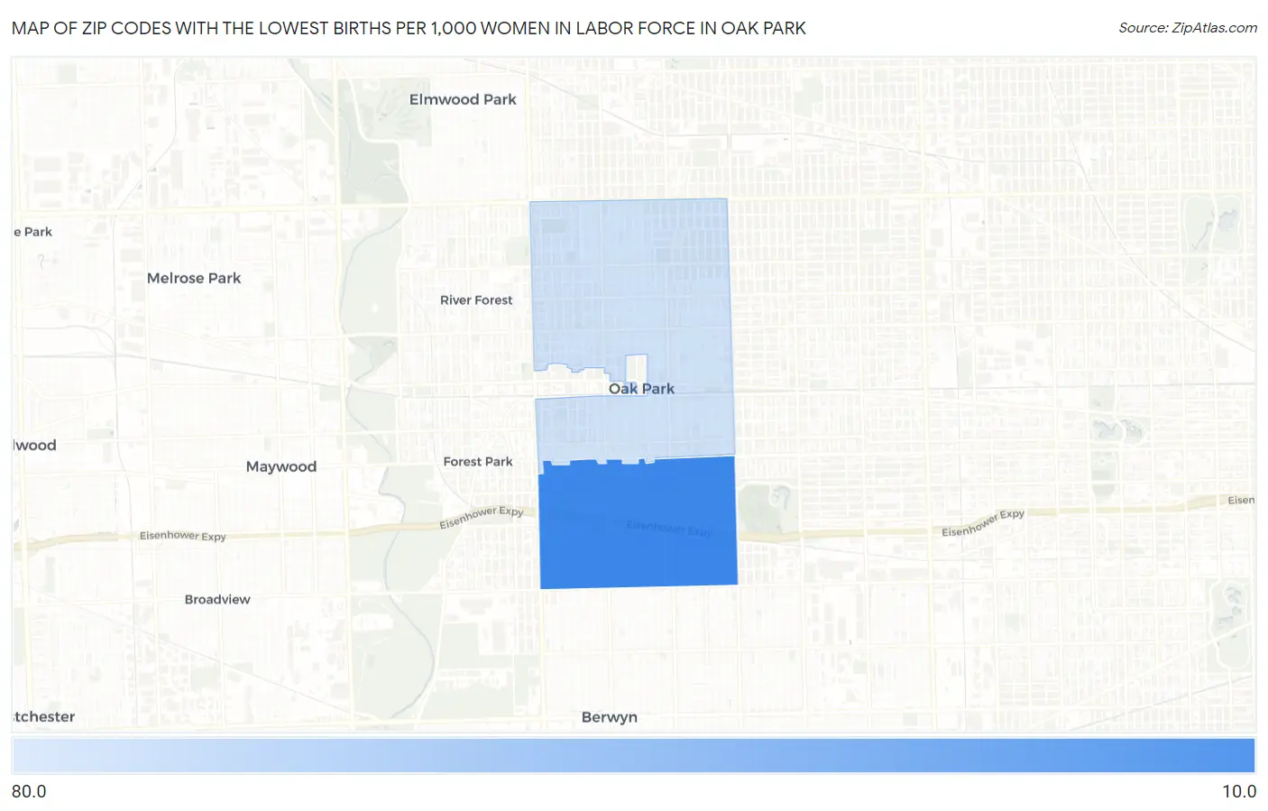 Zip Codes with the Lowest Births per 1,000 Women in Labor Force in Oak Park Map
