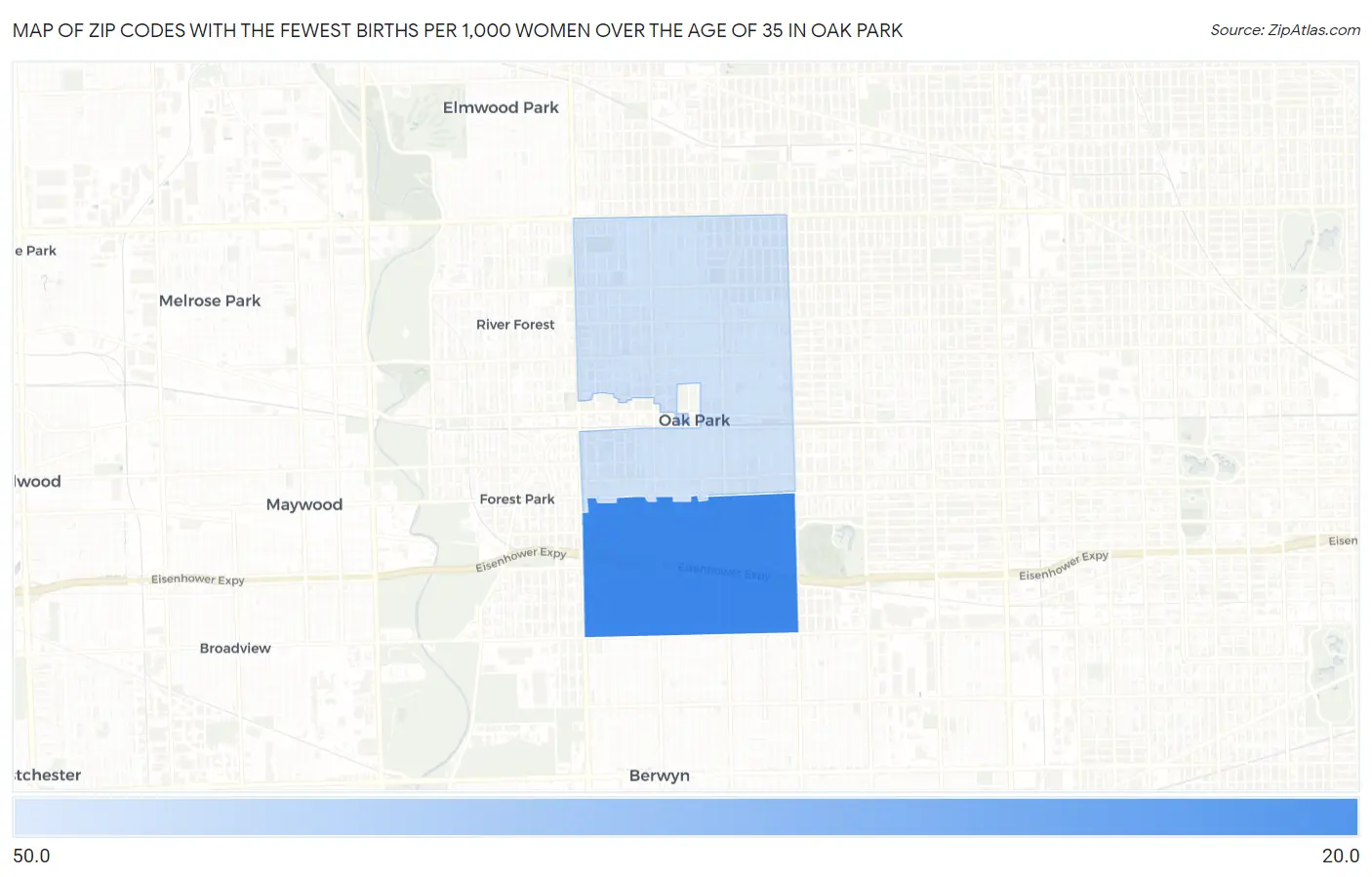 Zip Codes with the Fewest Births per 1,000 Women Over the Age of 35 in Oak Park Map