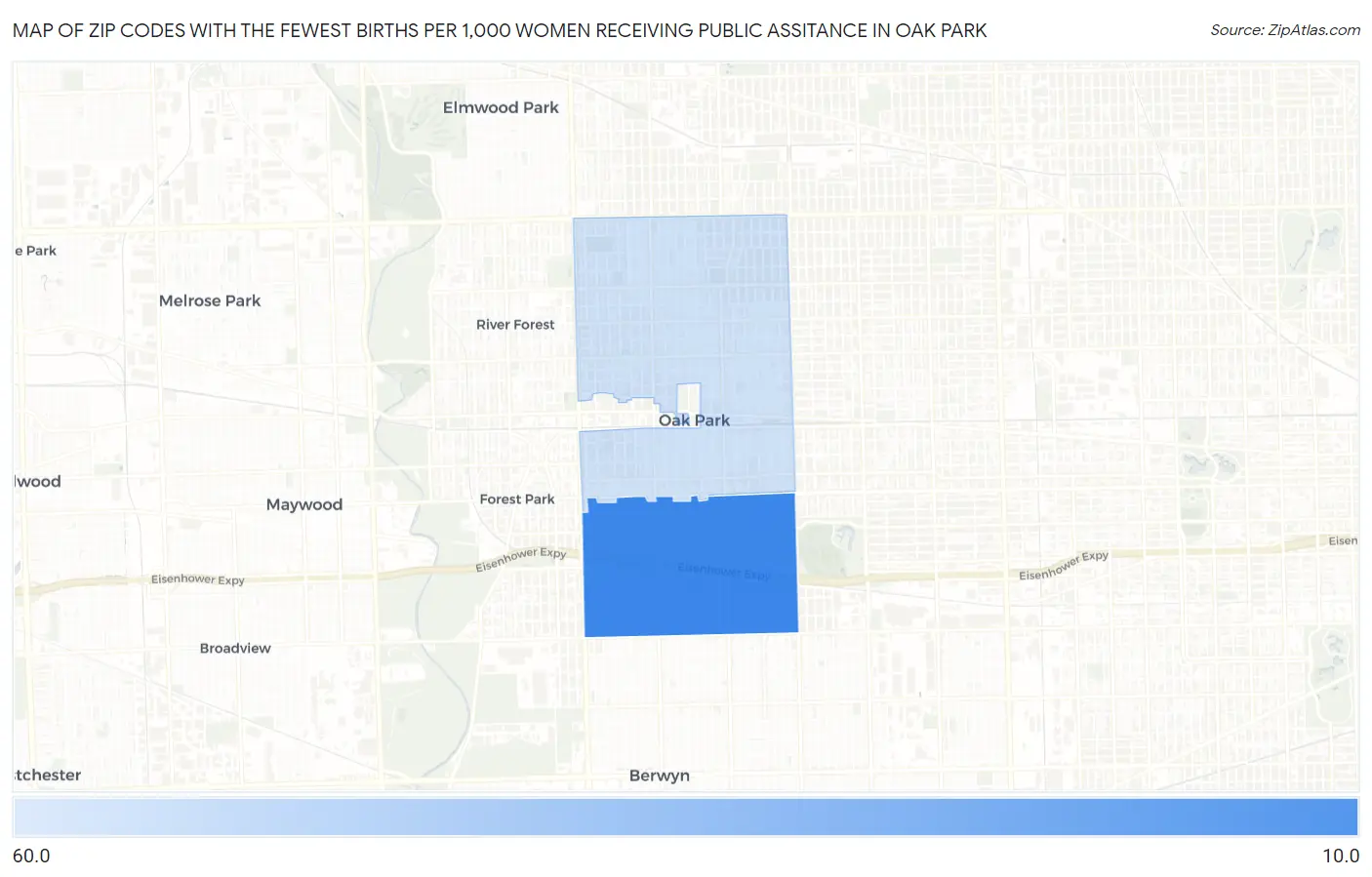 Zip Codes with the Fewest Births per 1,000 Women Receiving Public Assitance in Oak Park Map