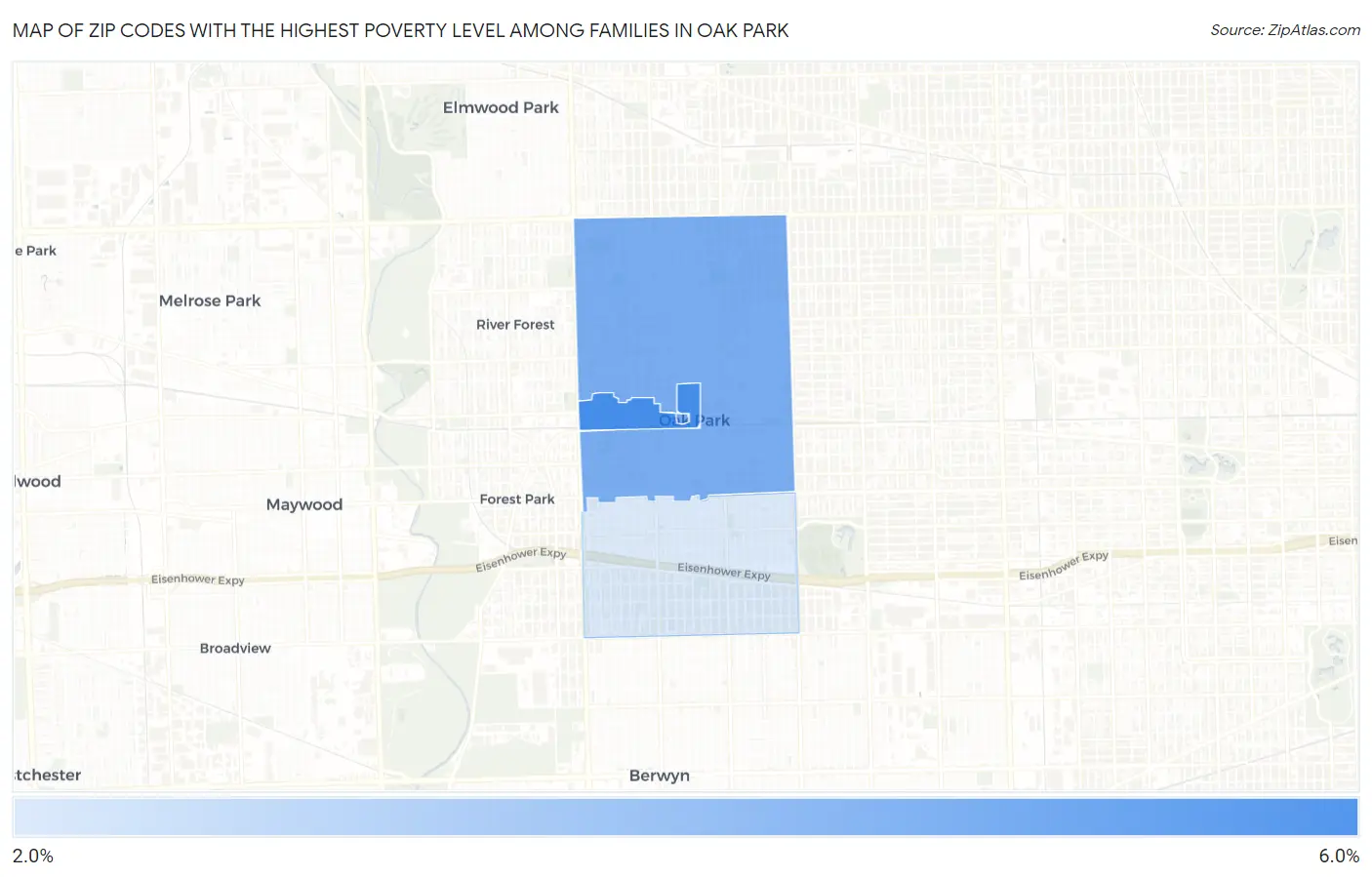 Zip Codes with the Highest Poverty Level Among Families in Oak Park Map