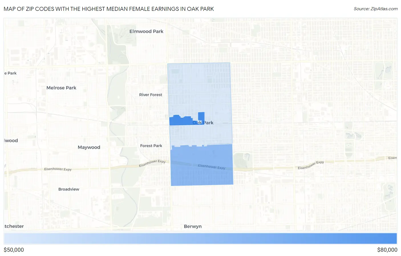 Zip Codes with the Highest Median Female Earnings in Oak Park Map
