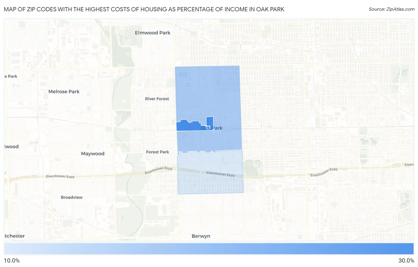 Zip Codes with the Highest Costs of Housing as Percentage of Income in Oak Park Map