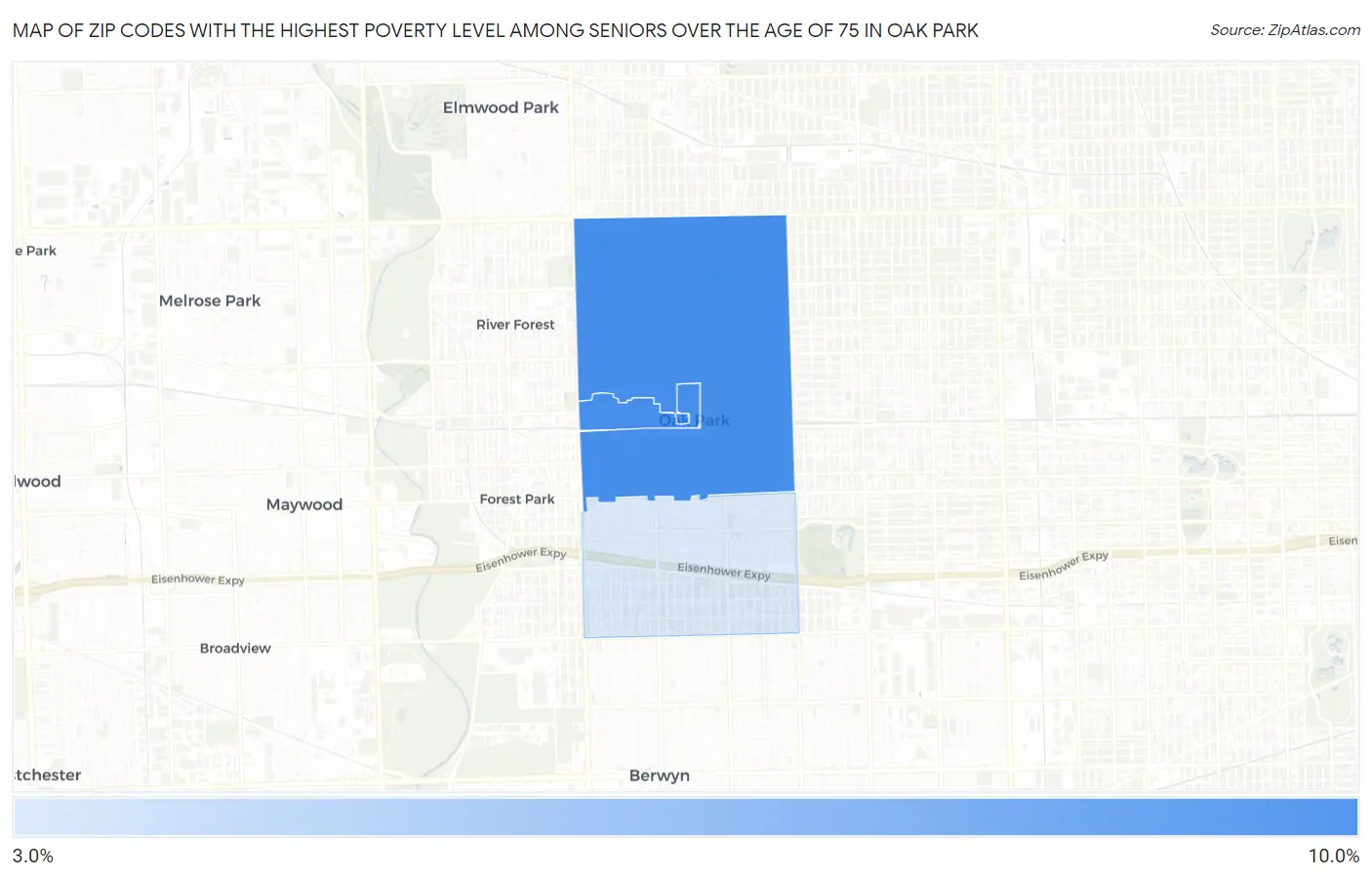 Zip Codes with the Highest Poverty Level Among Seniors Over the Age of 75 in Oak Park Map