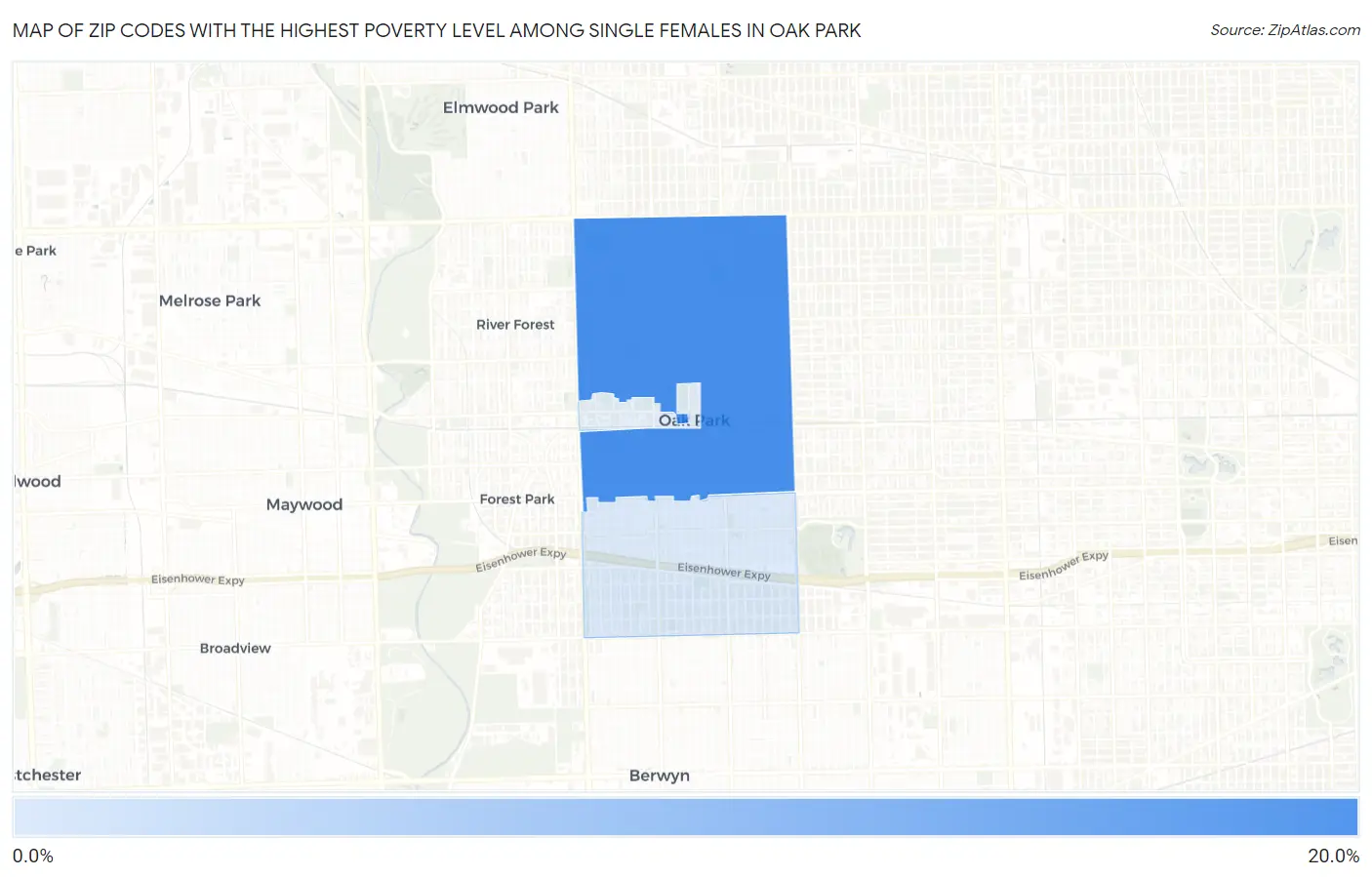 Zip Codes with the Highest Poverty Level Among Single Females in Oak Park Map