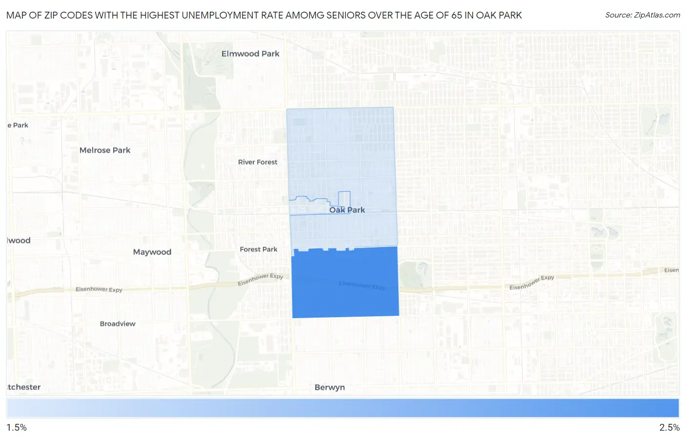 Zip Codes with the Highest Unemployment Rate Amomg Seniors Over the Age of 65 in Oak Park Map