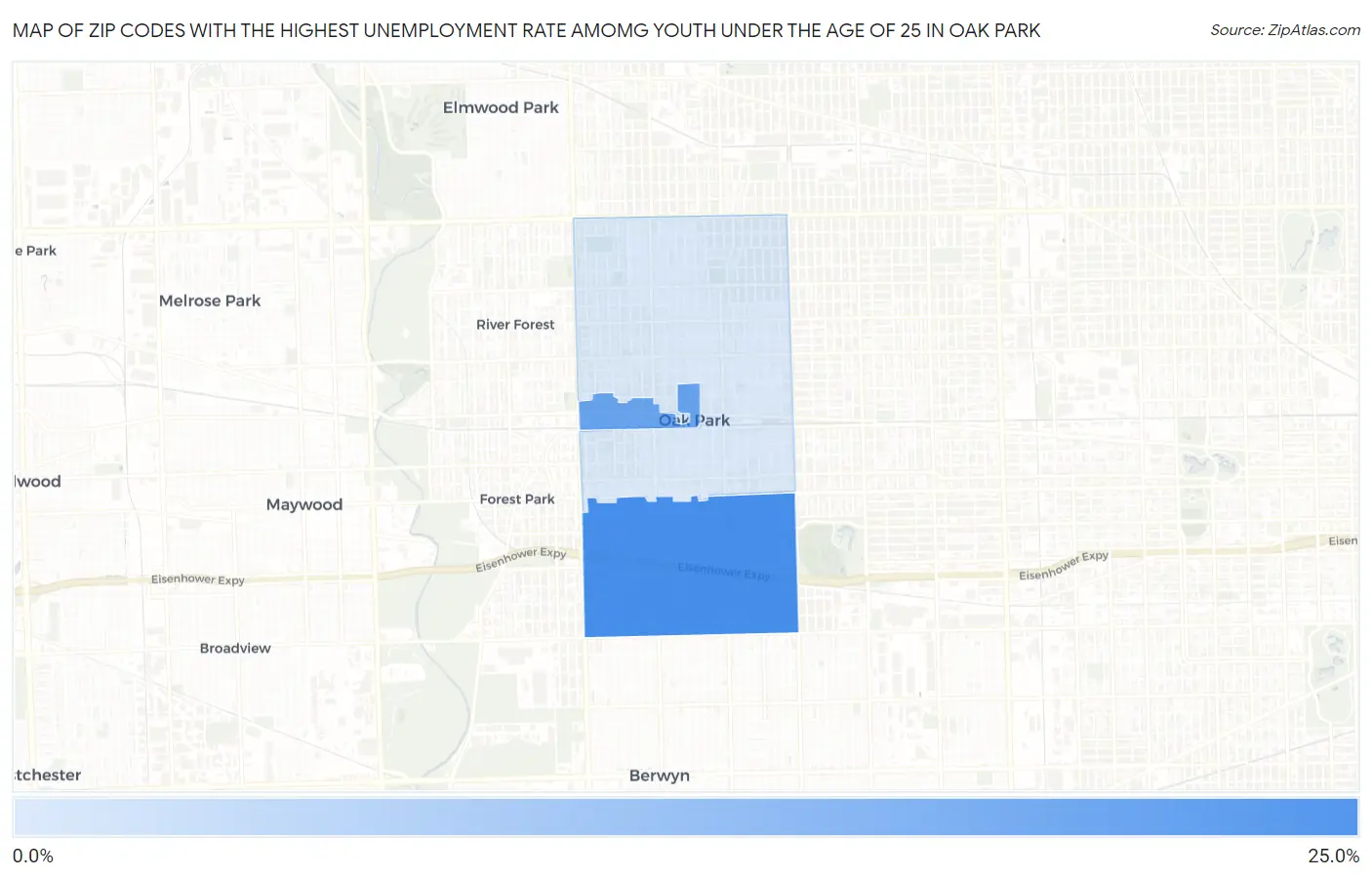 Zip Codes with the Highest Unemployment Rate Amomg Youth Under the Age of 25 in Oak Park Map