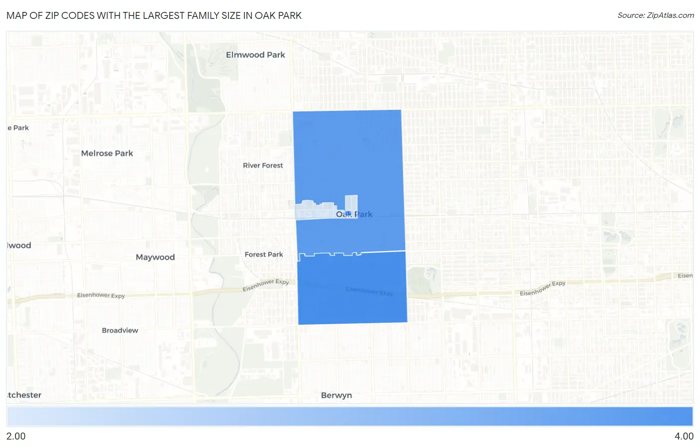 Zip Codes with the Largest Family Size in Oak Park Map