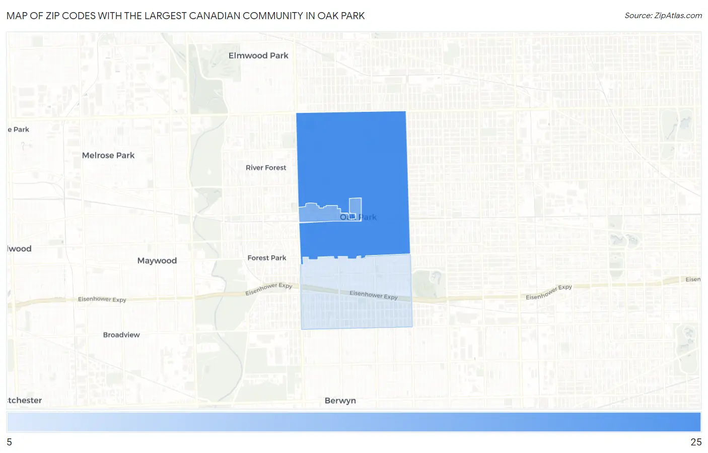 Zip Codes with the Largest Canadian Community in Oak Park Map