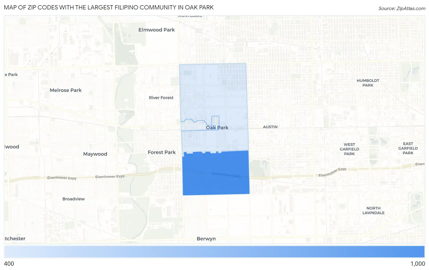 Zip Codes with the Largest Filipino Community in Oak Park Map