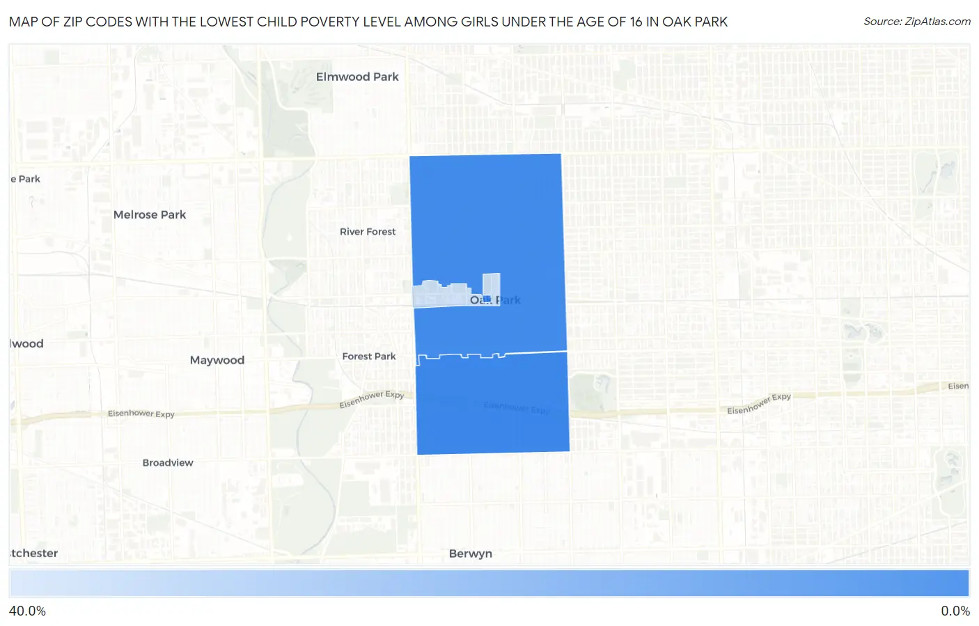 Zip Codes with the Lowest Child Poverty Level Among Girls Under the Age of 16 in Oak Park Map