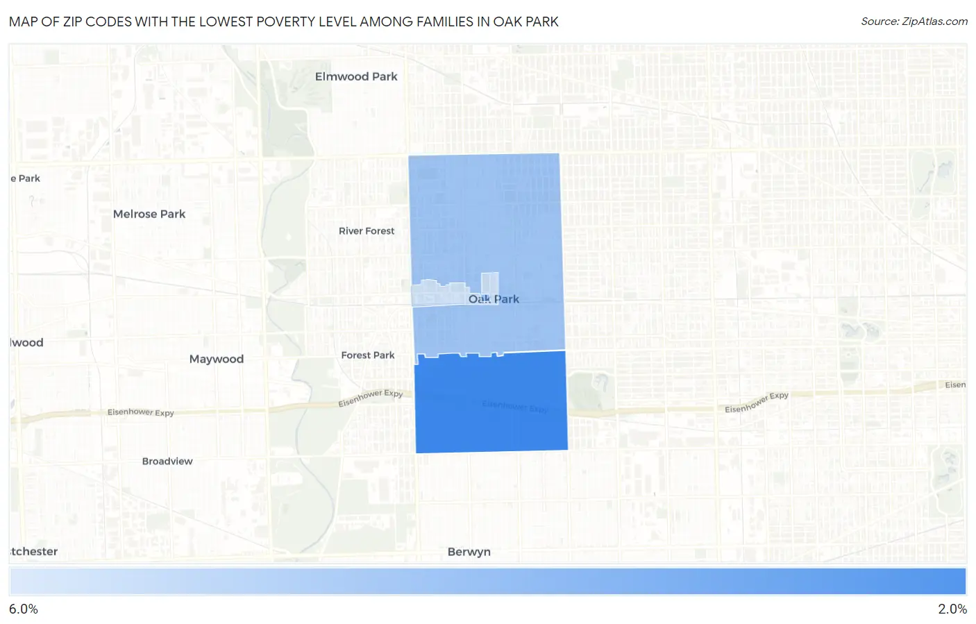 Zip Codes with the Lowest Poverty Level Among Families in Oak Park Map