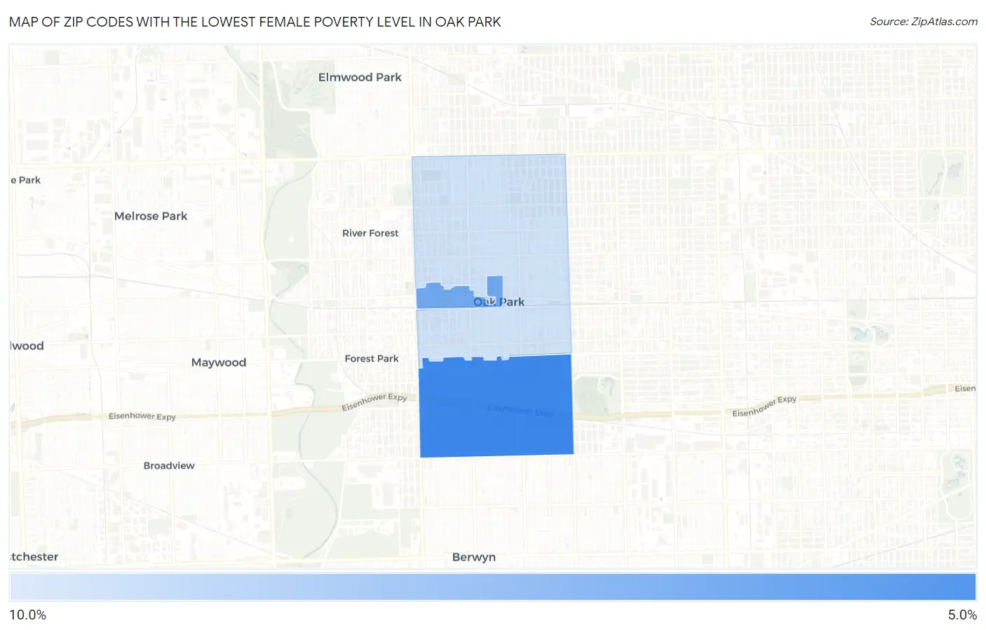 Zip Codes with the Lowest Female Poverty Level in Oak Park Map