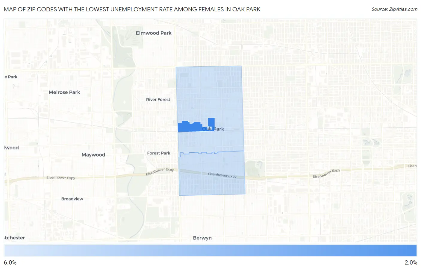 Zip Codes with the Lowest Unemployment Rate Among Females in Oak Park Map