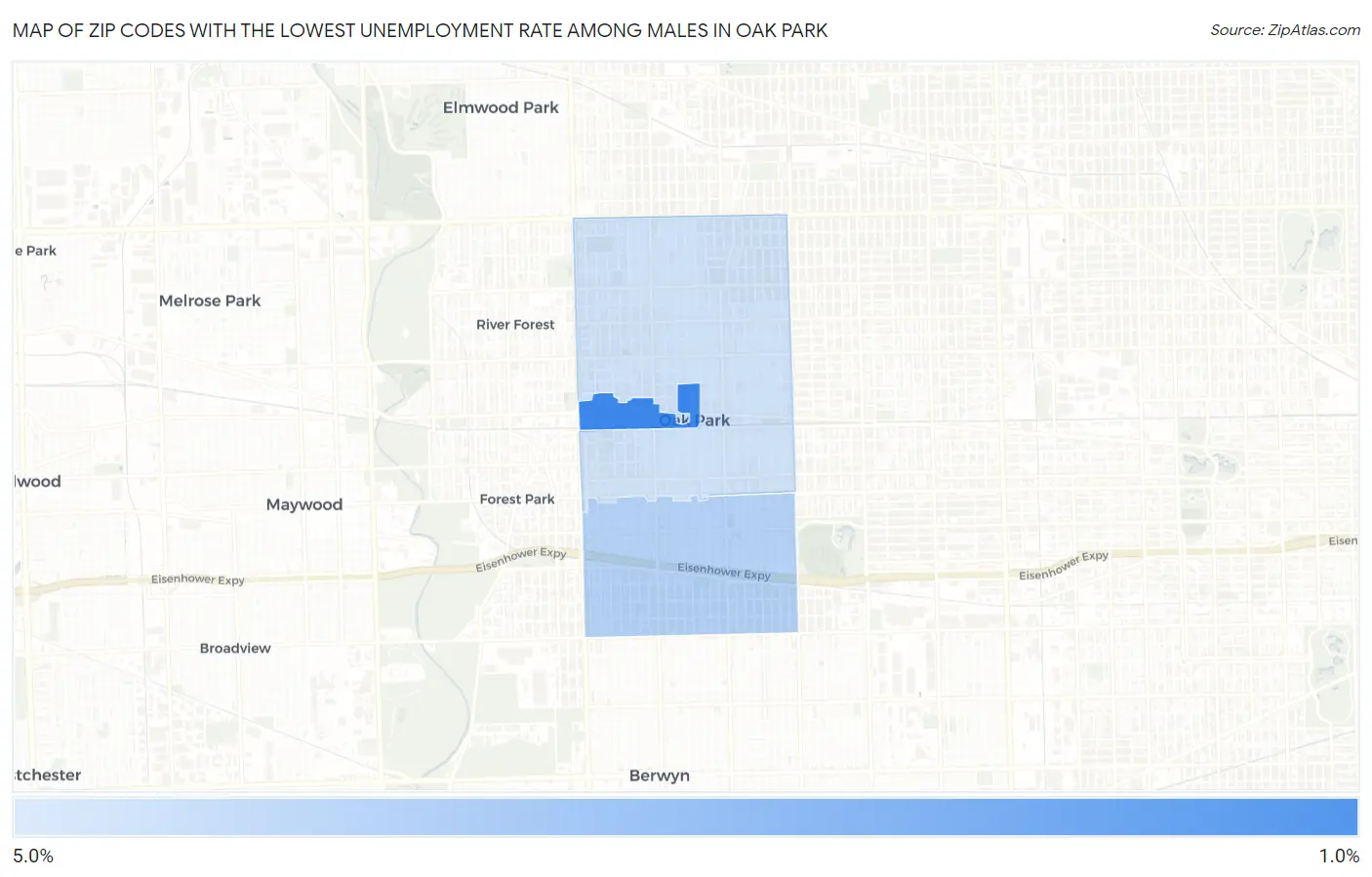 Zip Codes with the Lowest Unemployment Rate Among Males in Oak Park Map