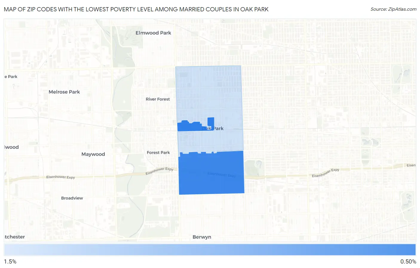 Zip Codes with the Lowest Poverty Level Among Married Couples in Oak Park Map
