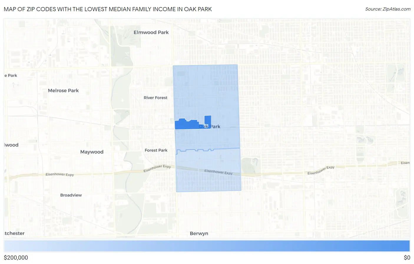Zip Codes with the Lowest Median Family Income in Oak Park Map